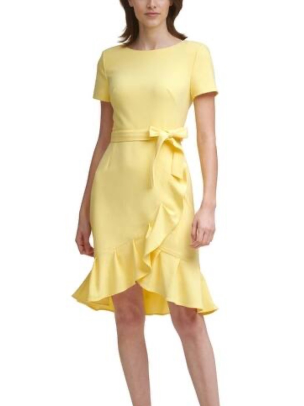 Calvin Klein Lemon Yellow High-Low Ruffle Wrap Dress
